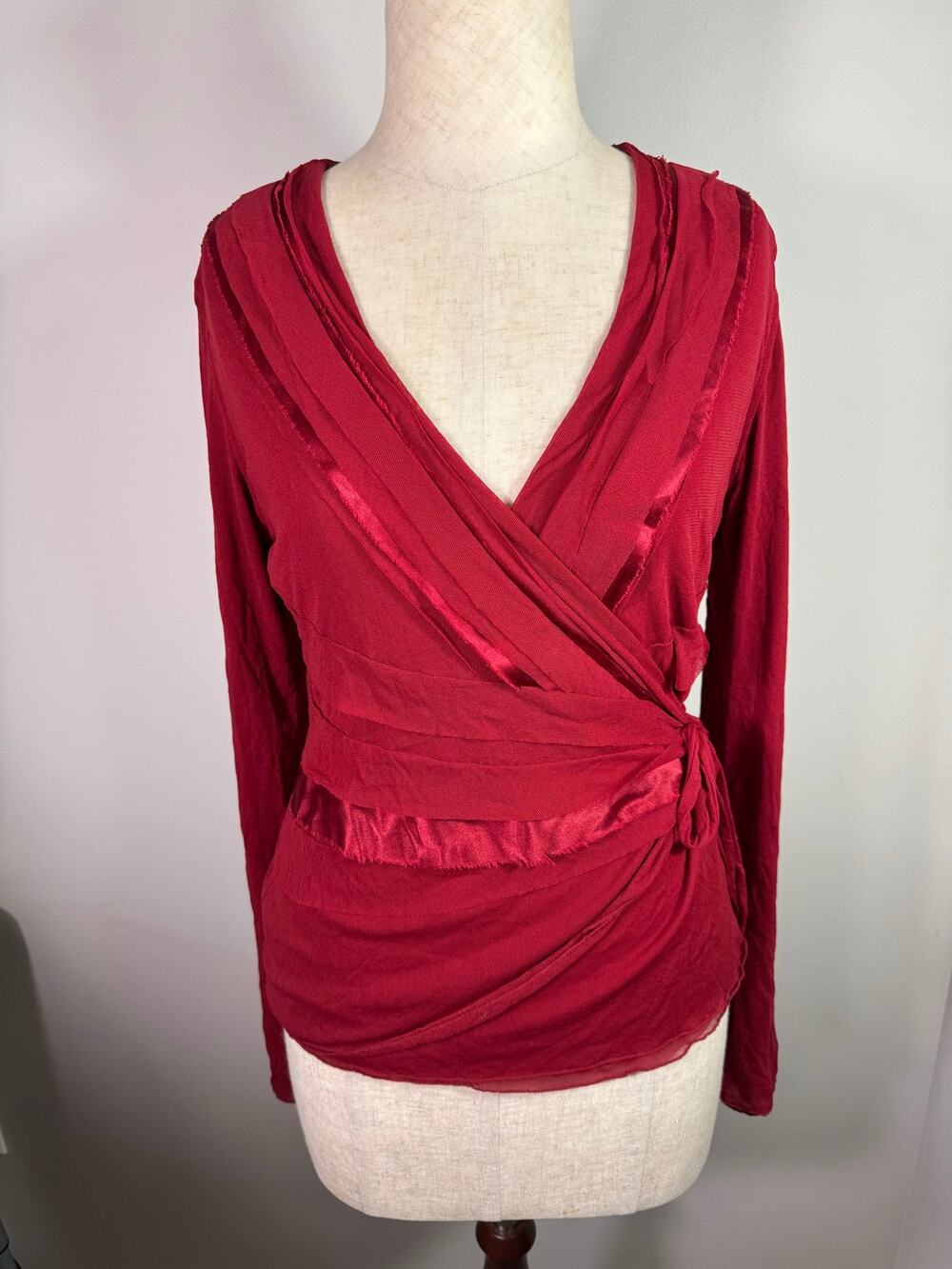 The Limited Burgundy Red Wrap Long Sleeve Top Y2K